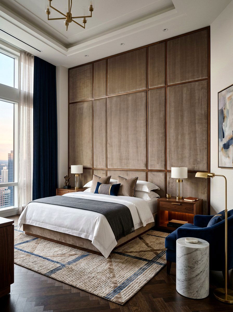 Taupe upholstered wall with walnut trim - 30 taupe and walnut bedroom ideas