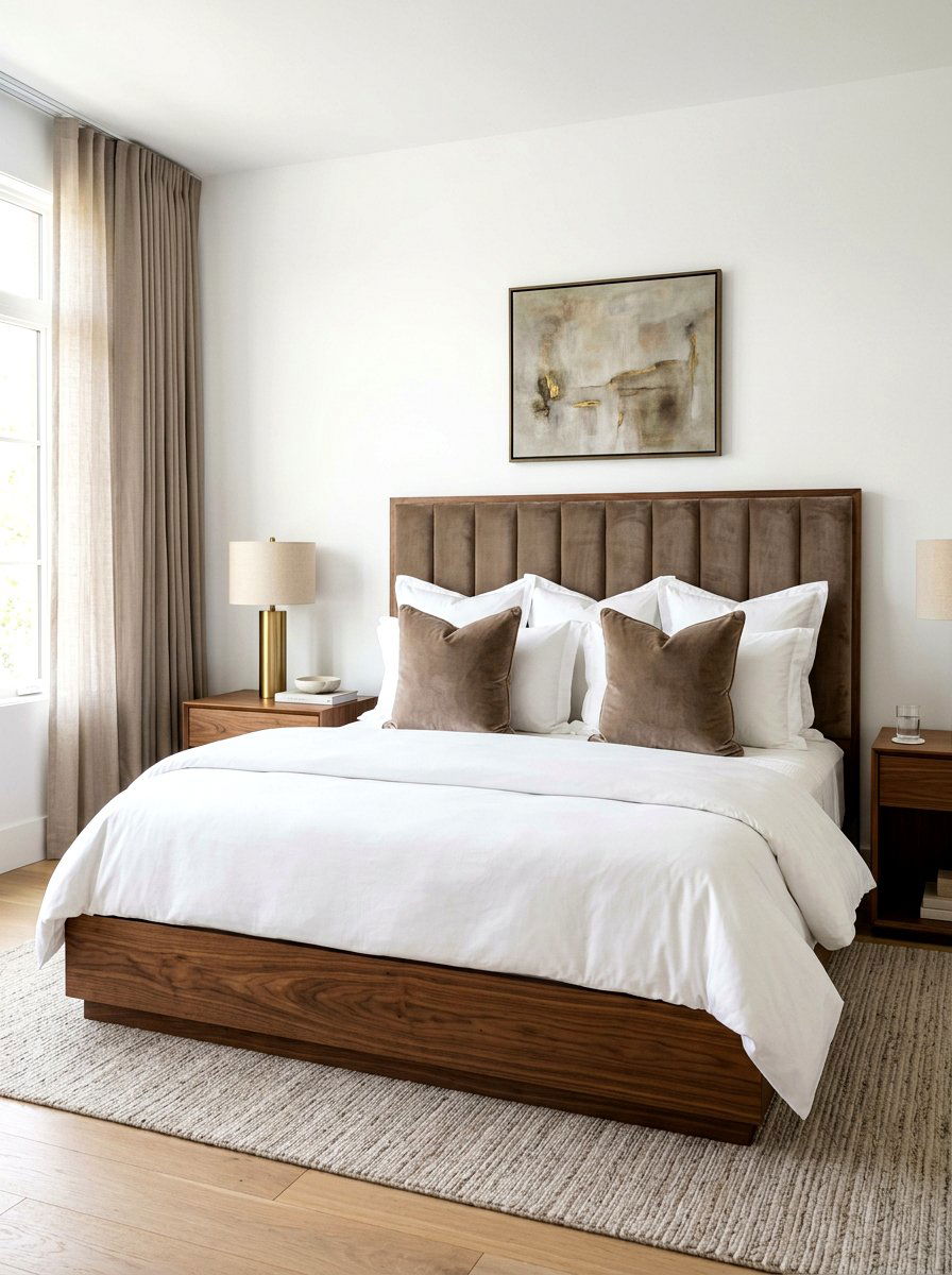 Taupe velvet upholstery with walnut frame - 30 taupe and walnut bedroom ideas