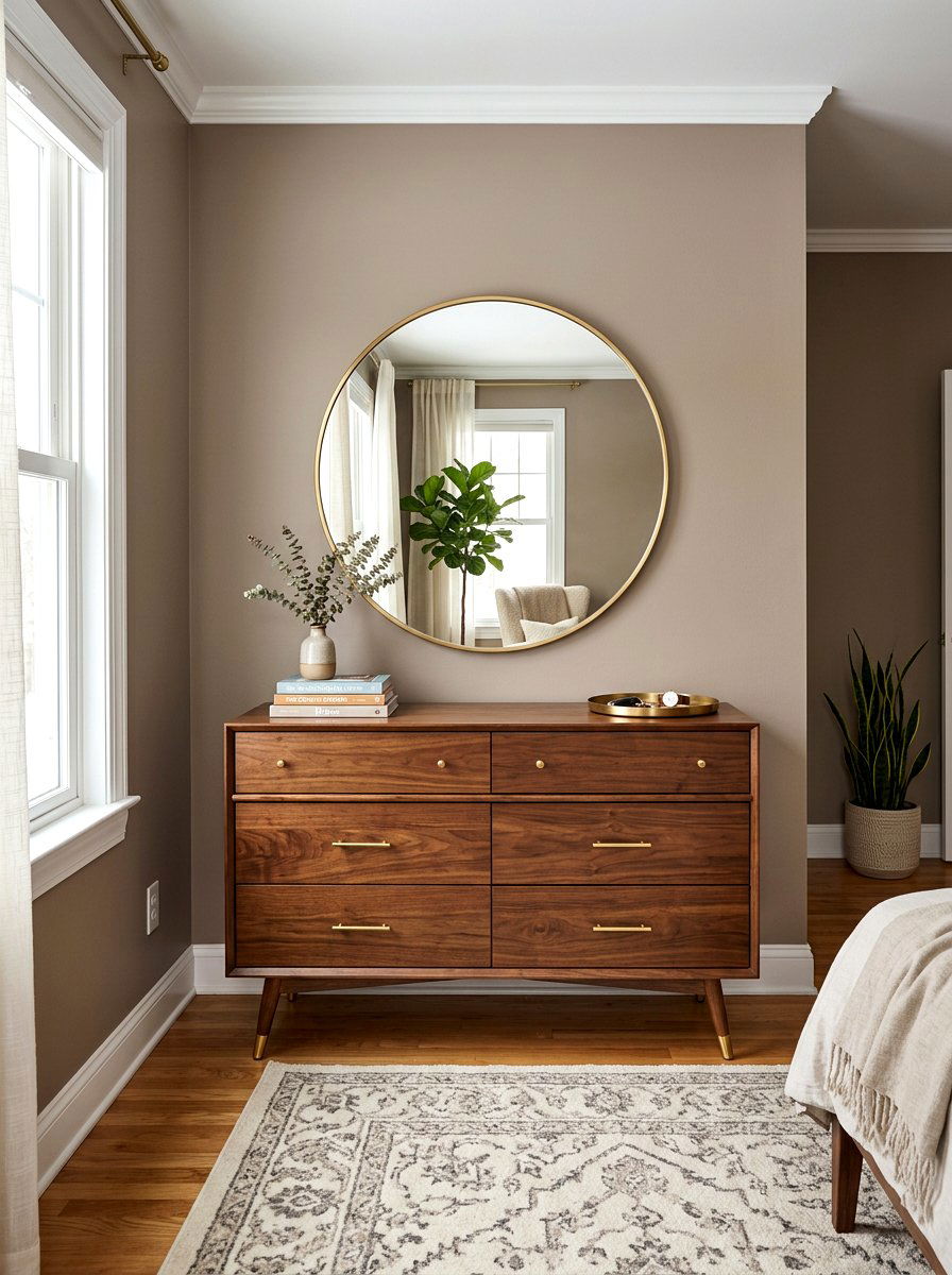 Taupe walls with walnut dresser - 30 taupe and walnut bedroom ideas