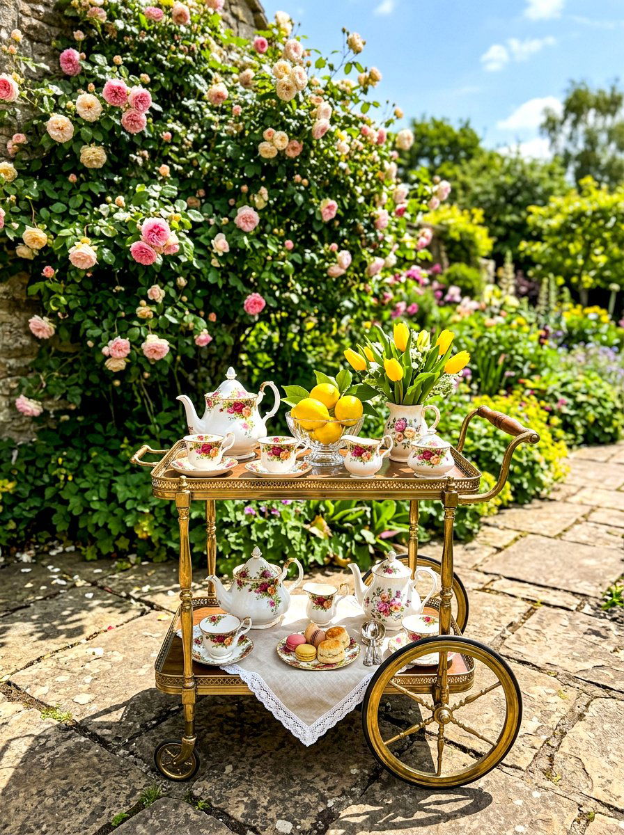 Tea Cart Display - 30 garden tea party decor ideas