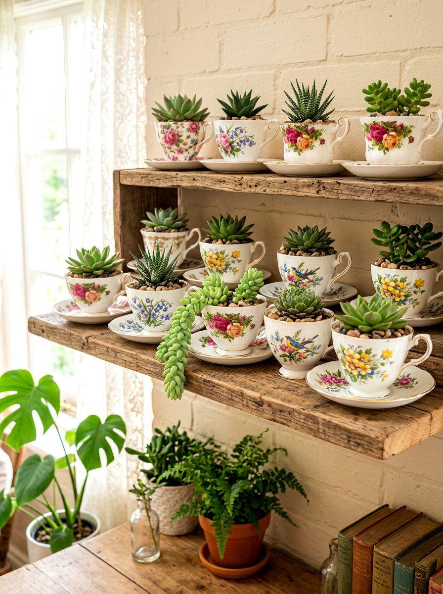 Tea Cup Succulent Display - 30 succulent garden ideas