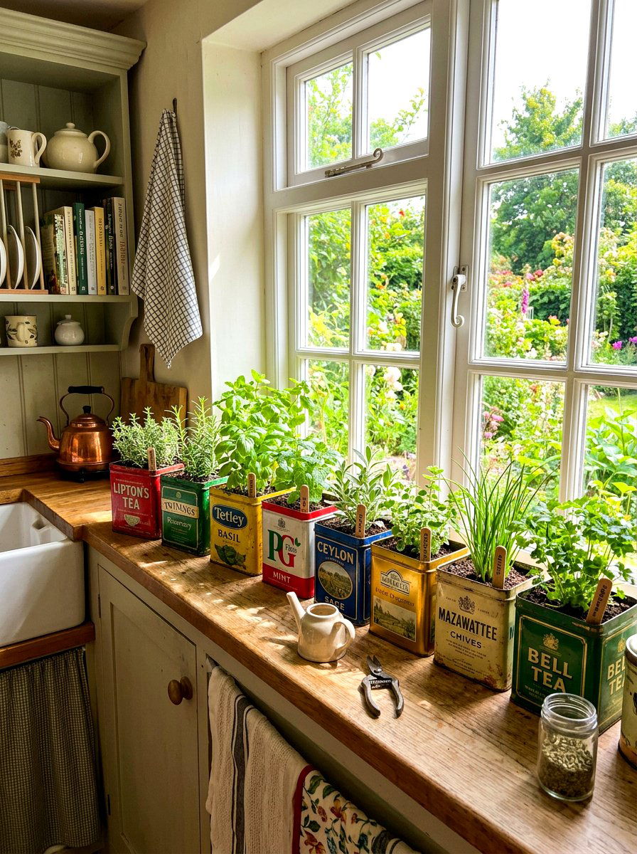Tea tin herb garden - 30 windowsill herb garden ideas