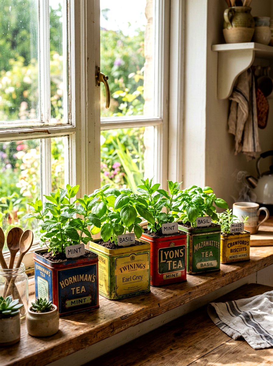 Tea tin herb planters - 30 herb garden planter ideas