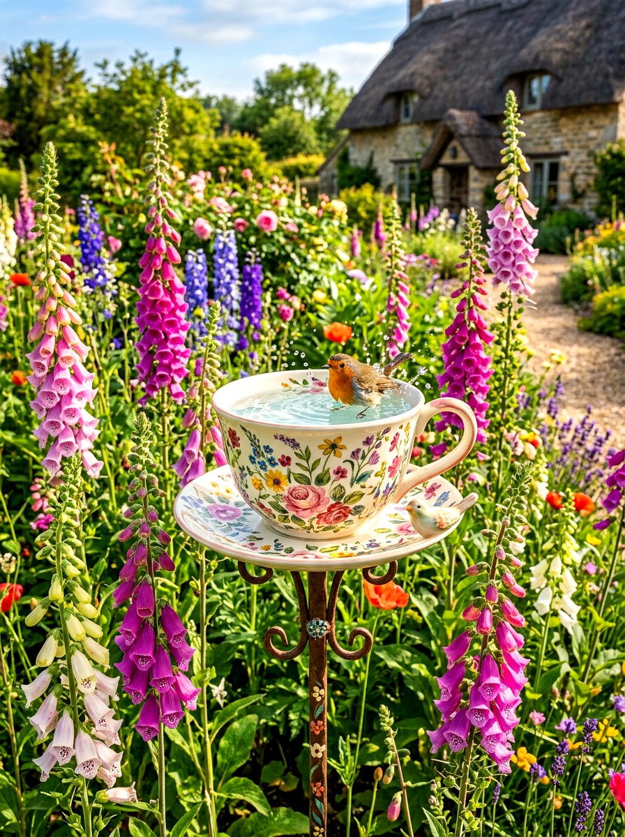 Teacup bird bath - 30 front yard bird bath ideas
