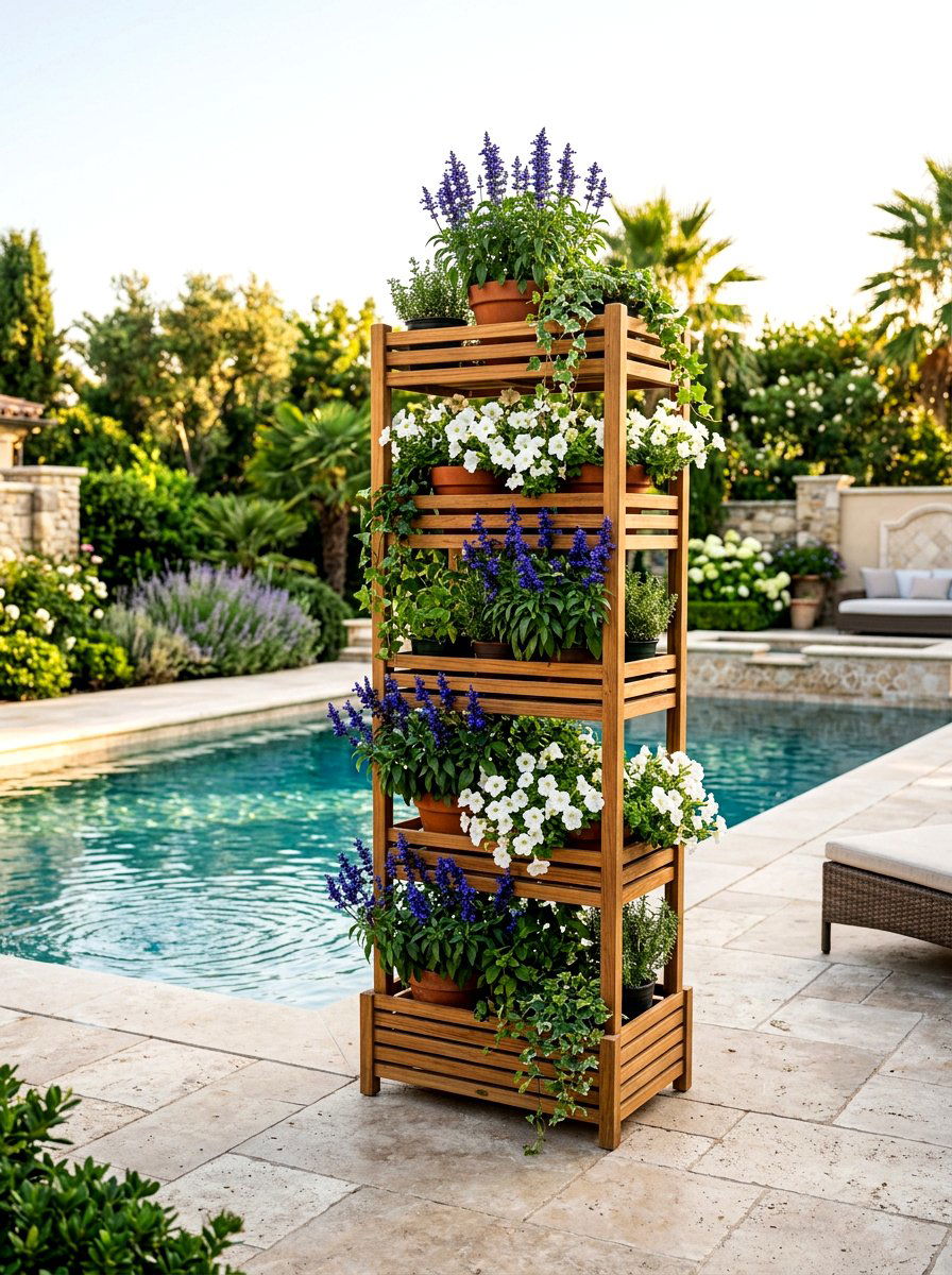 Teak Outdoor Plant Tower - 30 container garden stand ideas