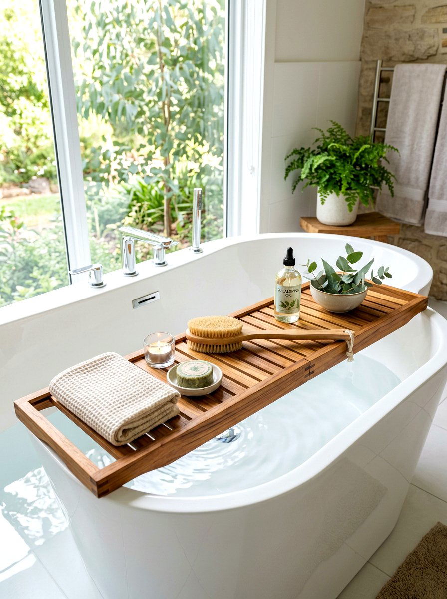 Teak Slat Tub Caddy - 30 bath tray spa ideas