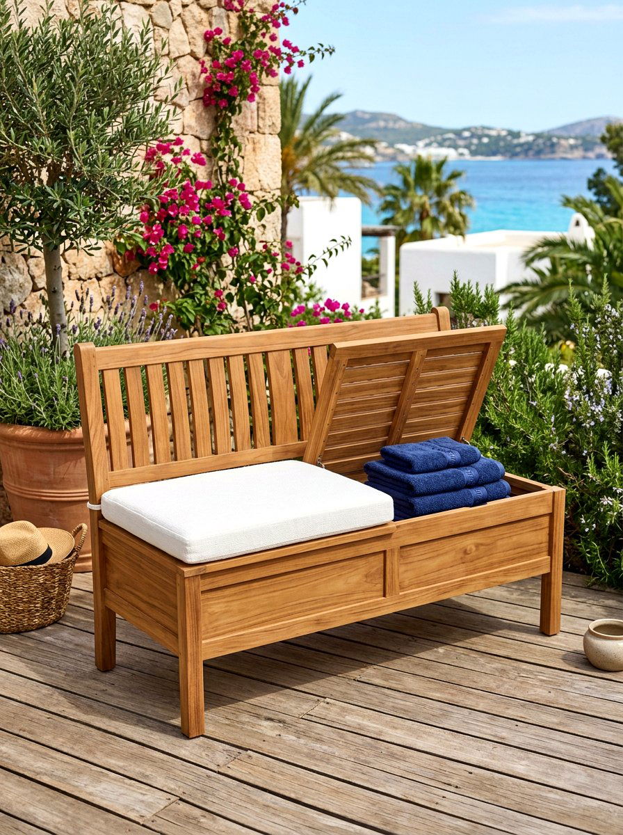 Teak Storage Bench - 30 outdoor towel storage ideas