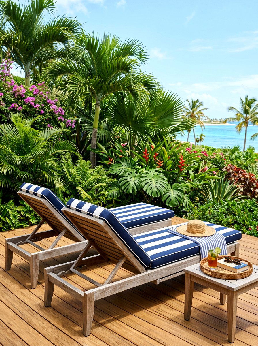 Teak Wood And Striped Fabric Oasis - 30 striped cabana backyard ideas