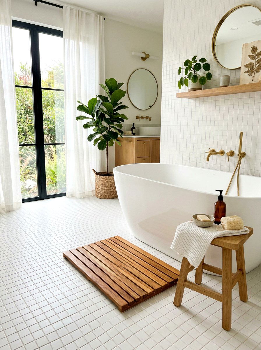 Teak Wood Bath Mat - 30 sensory bathroom ideas