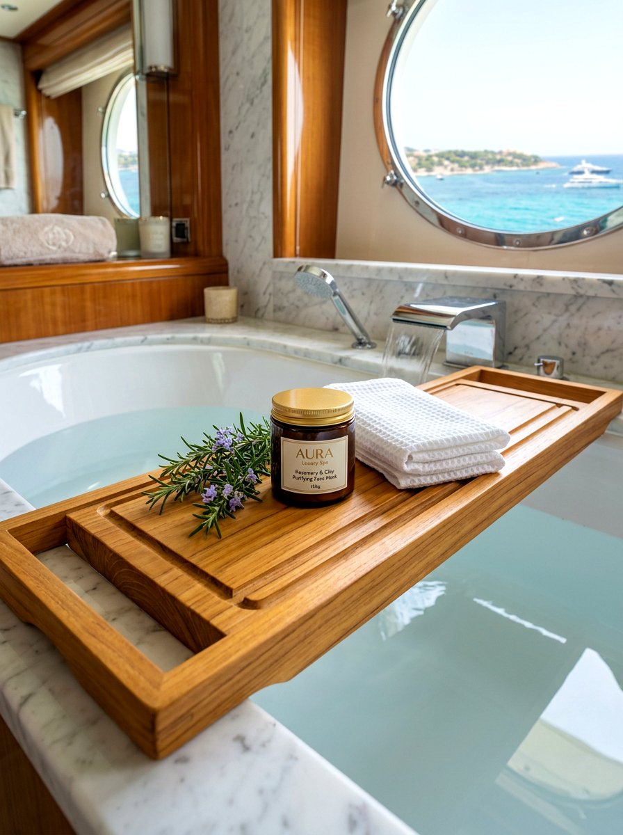 Teak Wood Bath Shelf - 30 bath tray spa ideas