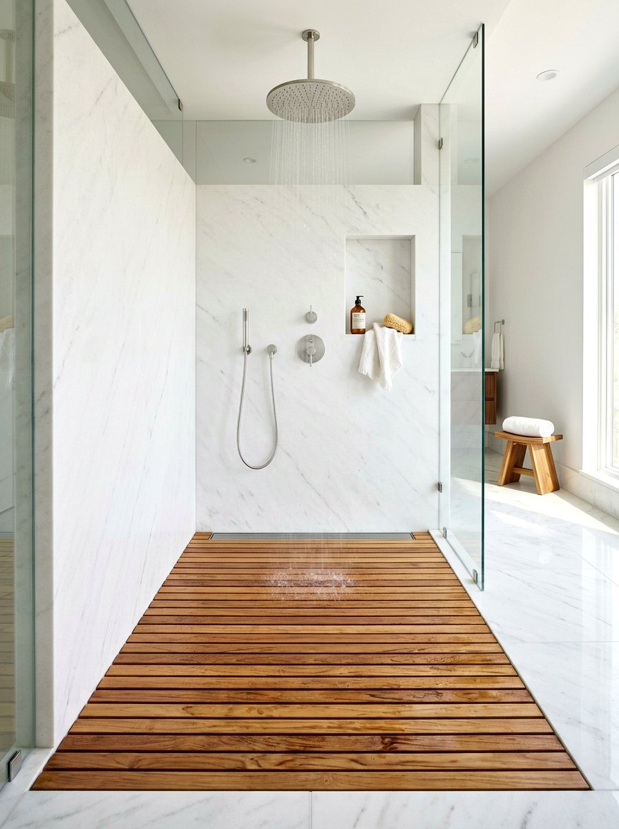 Teak Wood Insert - 30 curbless shower ideas