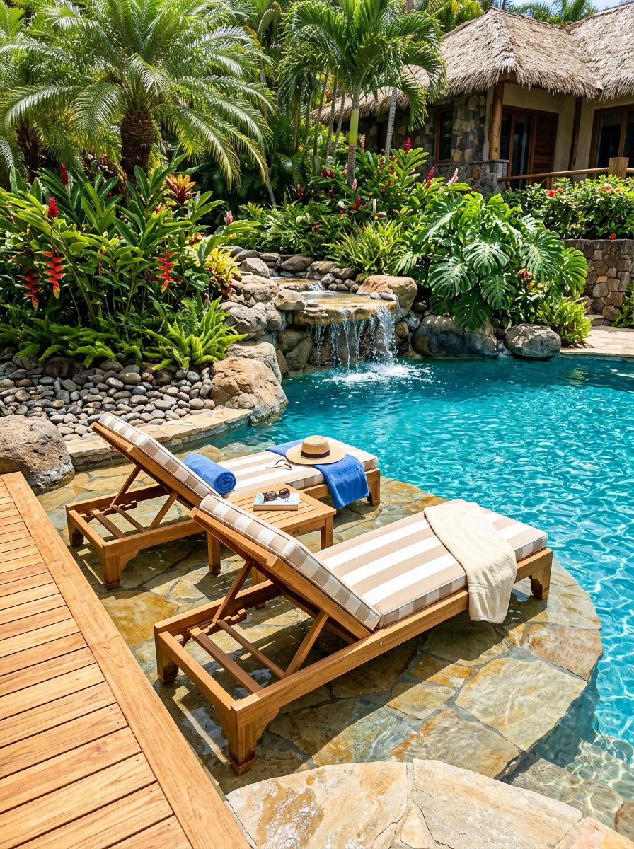 Teak Wood Lounger Water Feature - 30 pool ledge lounger ideas