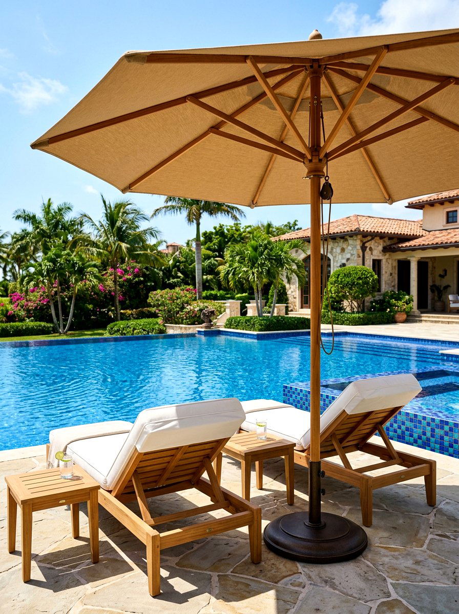 Teak Wood Market Umbrella - 30 poolside umbrella lounge ideas