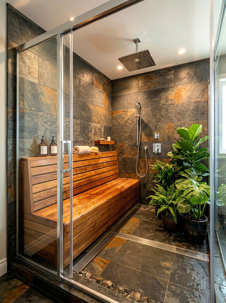 Teak Wood Shower Bench - 30 spa shower ideas