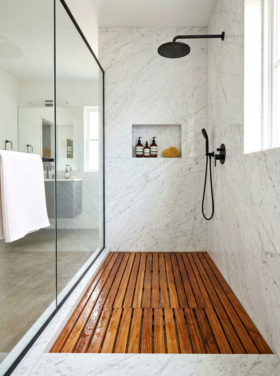 Teak Wood Shower Grates - 30 sauna inspired bathroom ideas