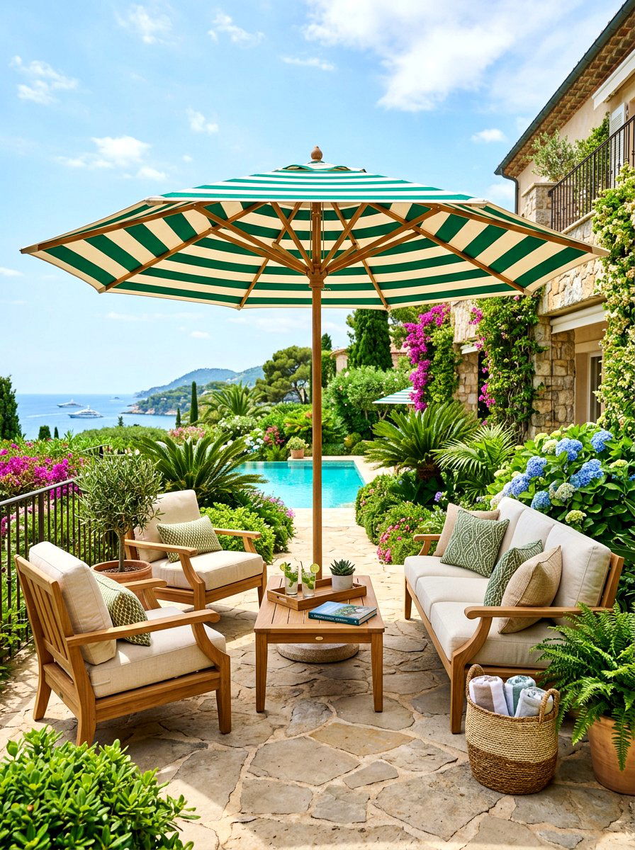 Teak Wood Striped Umbrella - 30 striped umbrella patio ideas