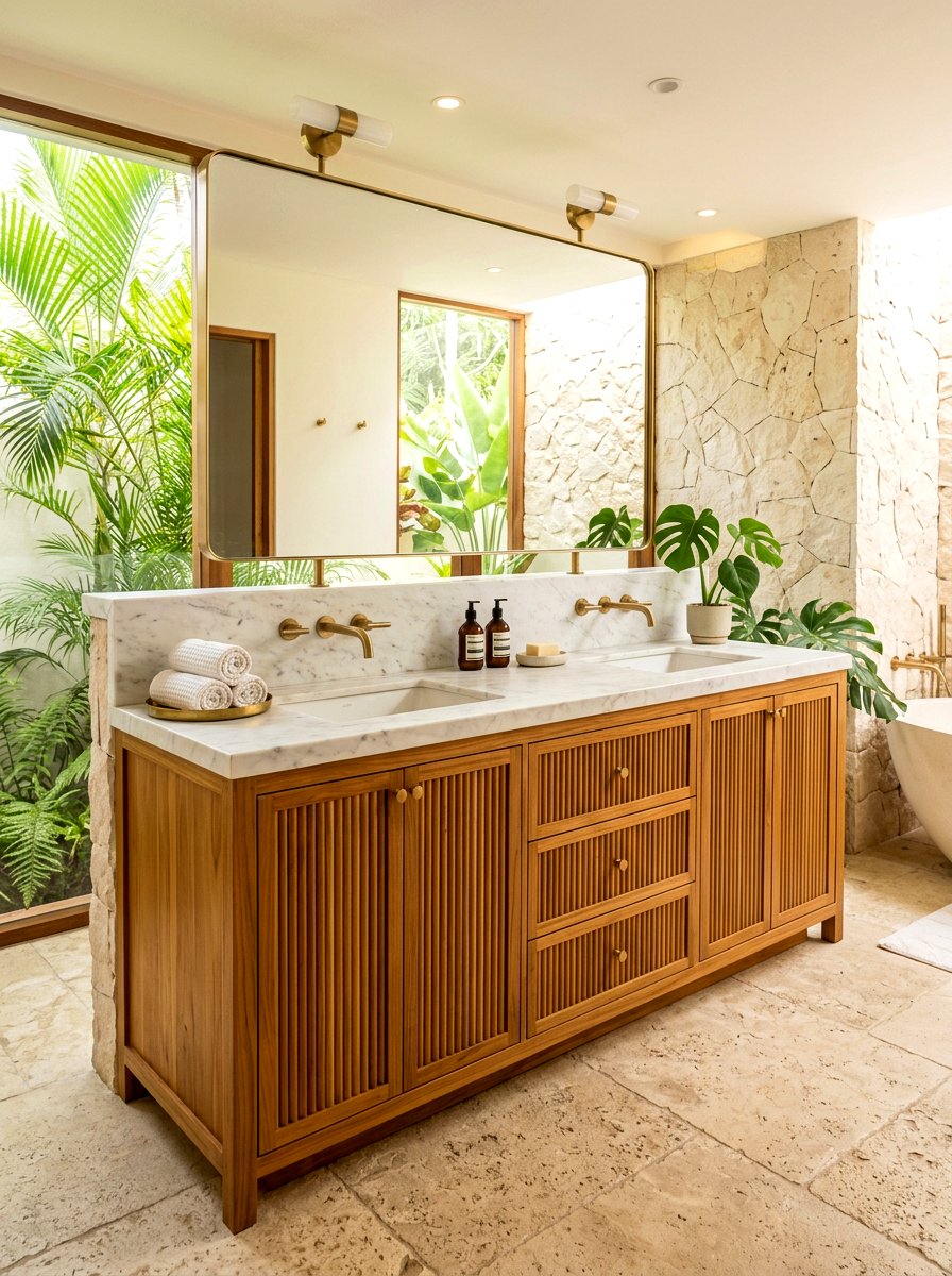 Teak fluted vanity - 30 reeded vanity bathroom ideas