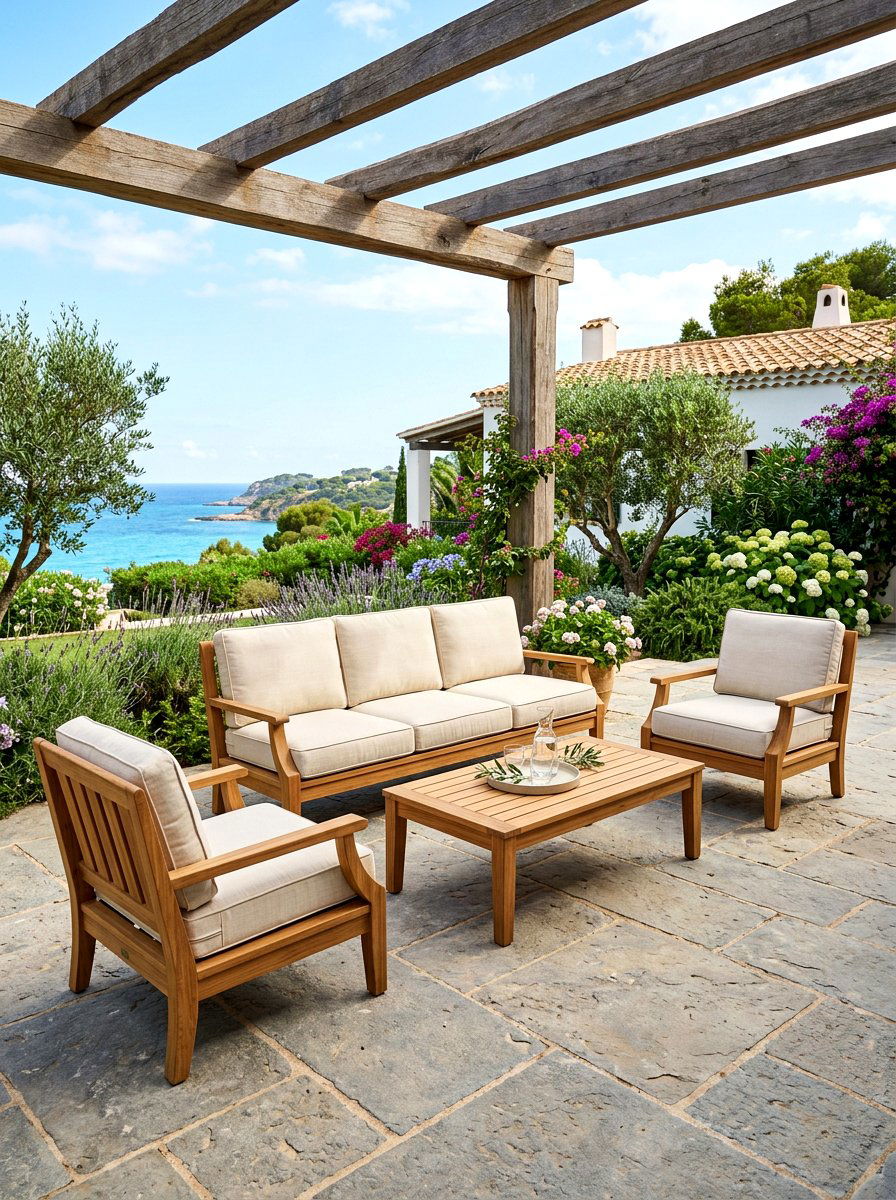 Teak furniture with neutral cushions - 30 patio conversation area ideas