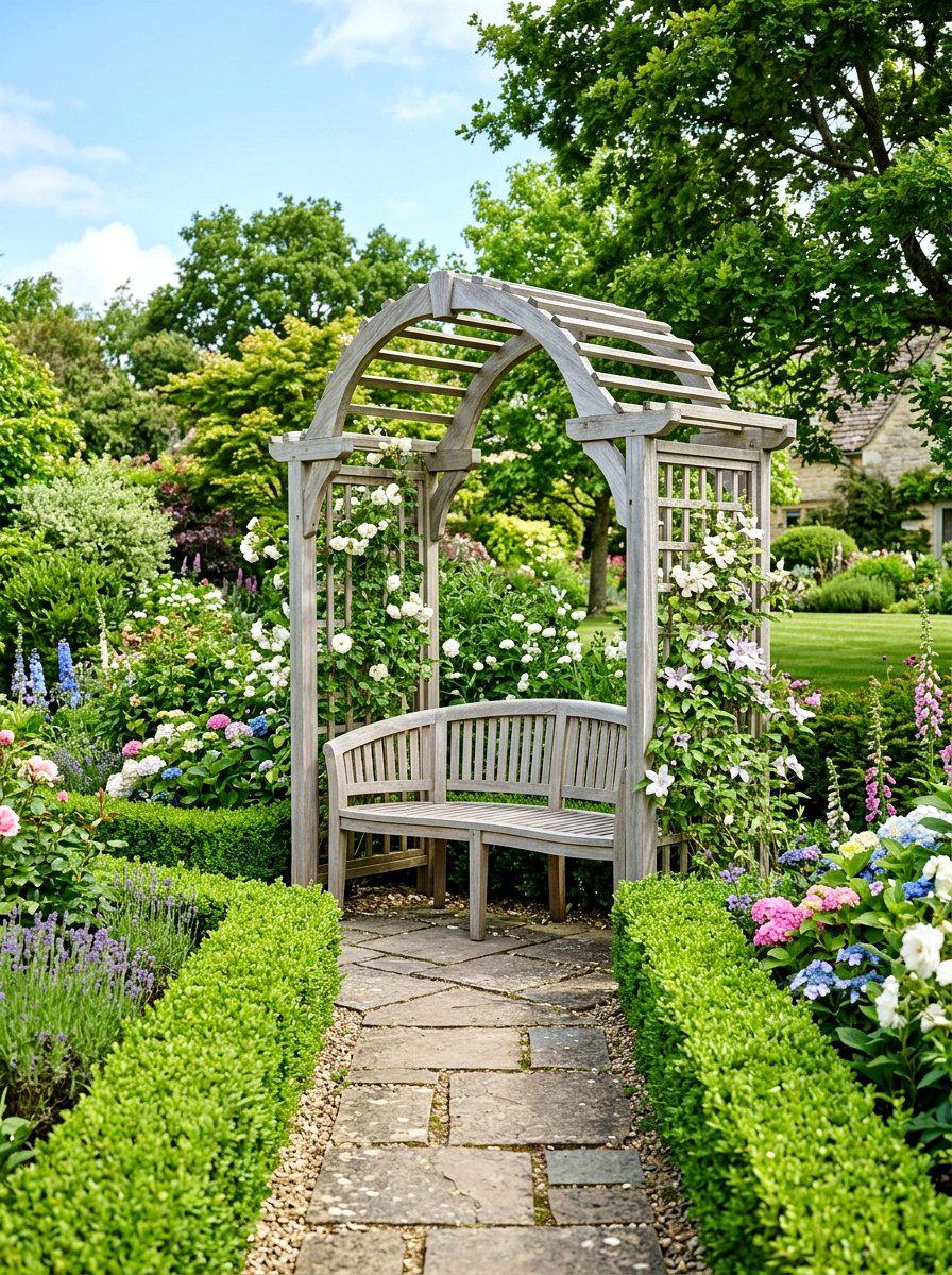 Teak garden arbor bench - 30 garden arbor seating ideas