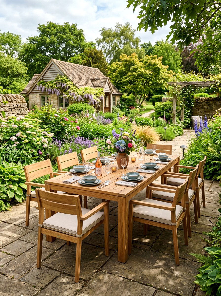 Teak outdoor dining set - 30 warm minimalist garden ideas