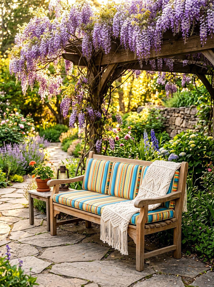 Teak patio bench - 30 boho outdoor furniture ideas