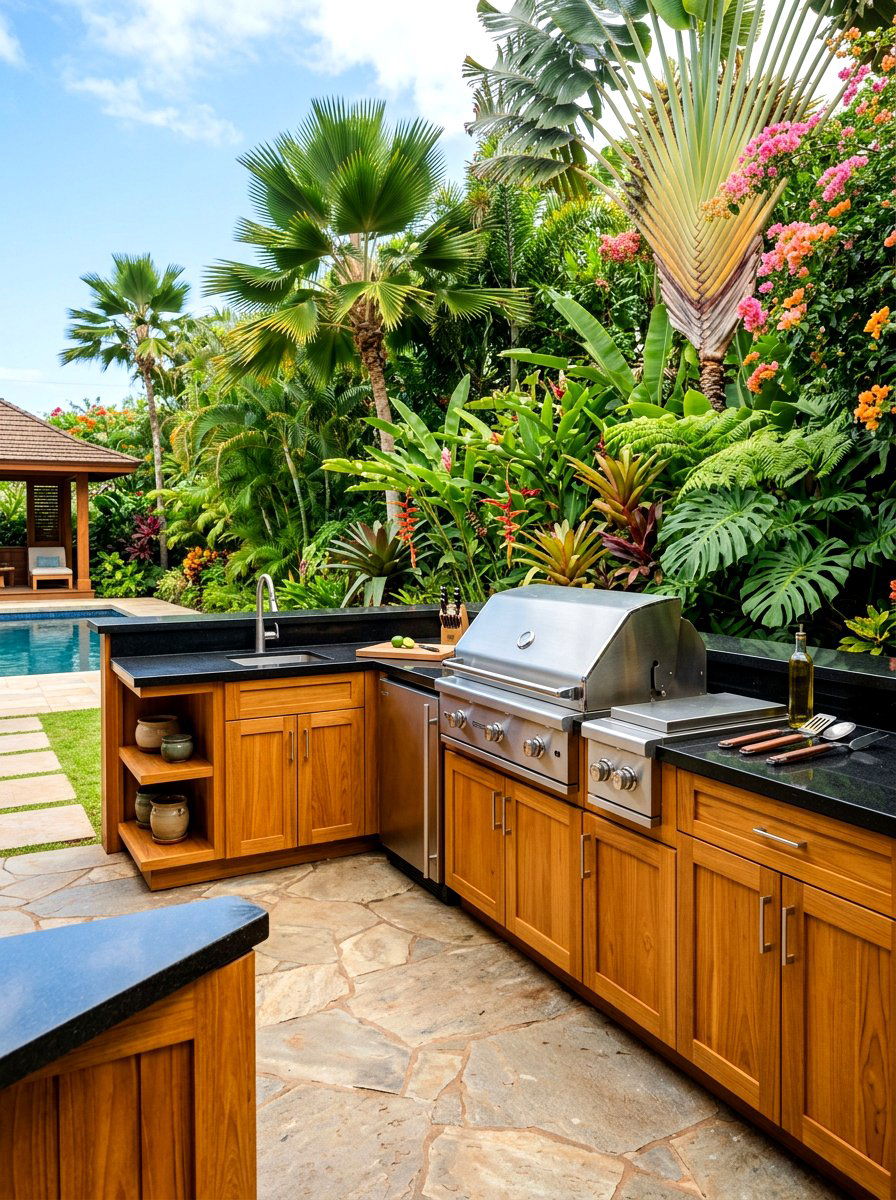 Teak wood outdoor kitchen - 30 alfresco kitchen ideas