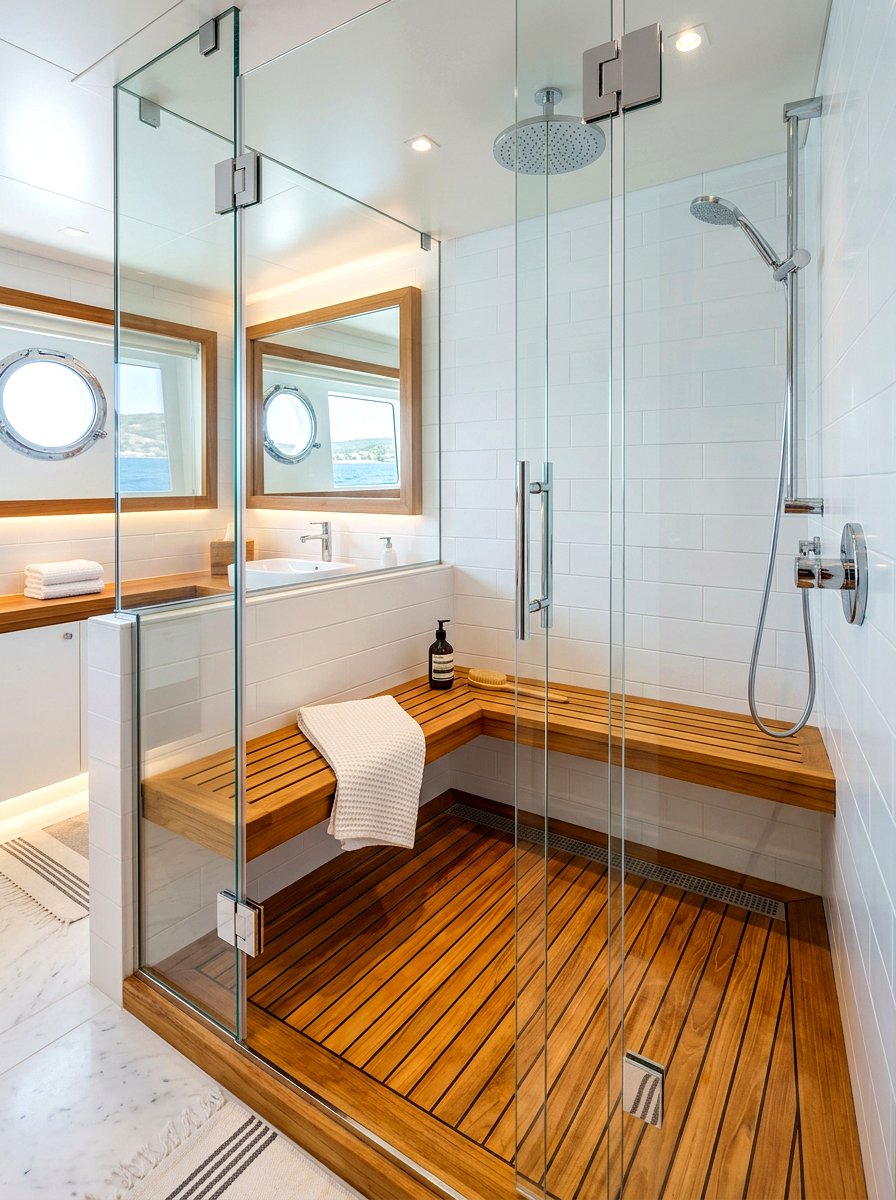 Teak wood shower bathroom - 30 nautical bathroom ideas