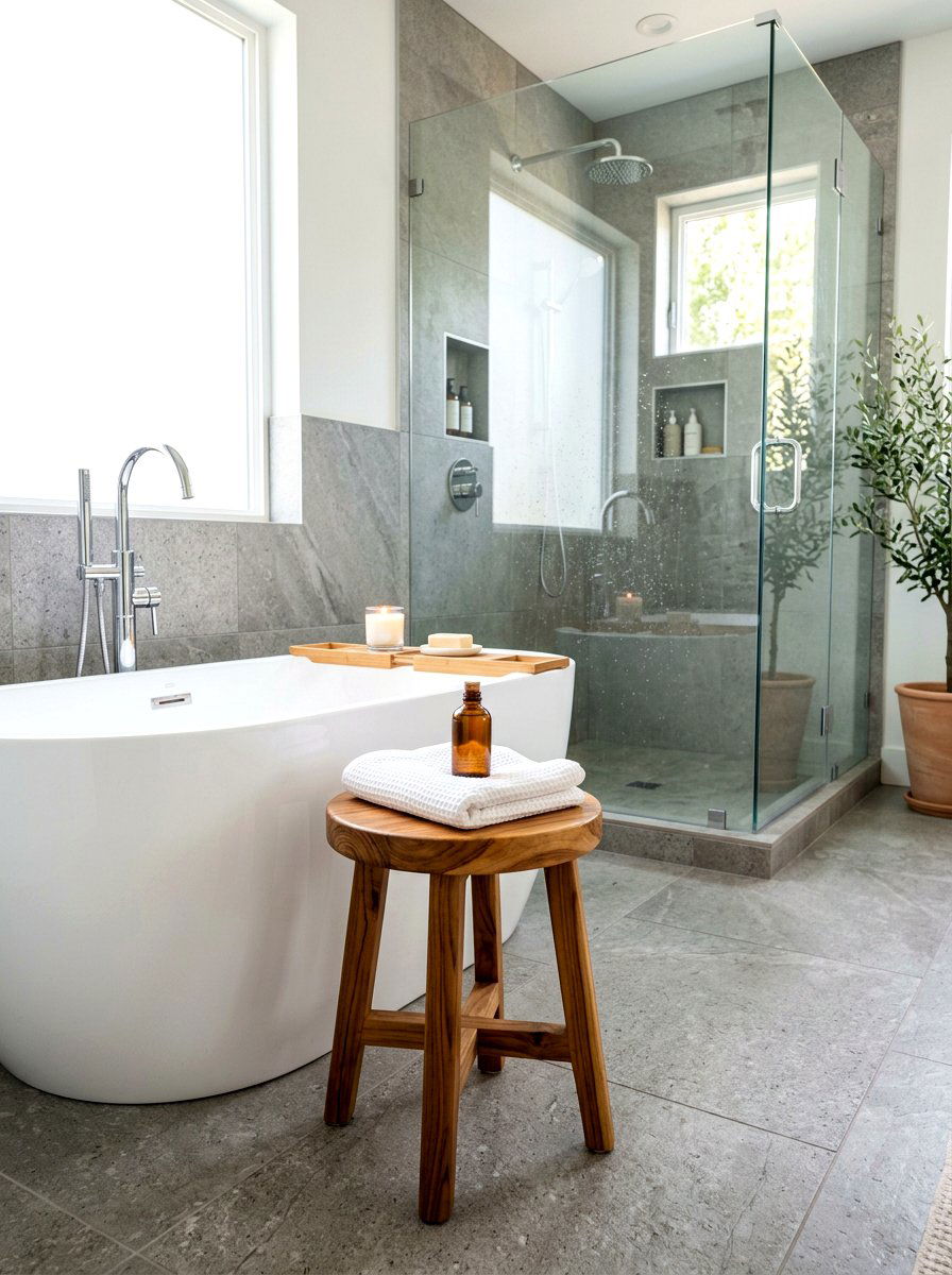 Teak wood stool - 30 serene bathroom decor ideas