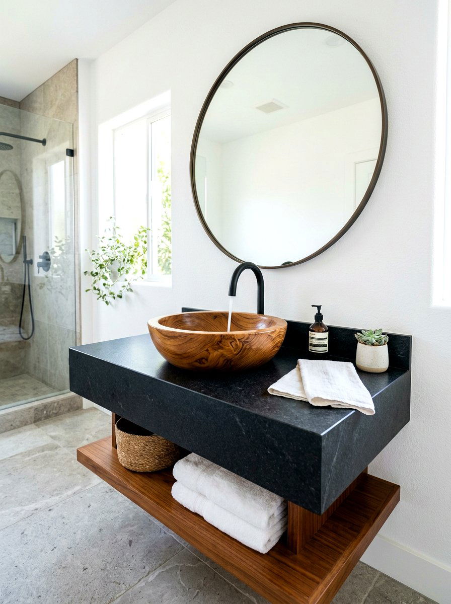 Teak wood vessel sink - 30 vessel sink powder room ideas