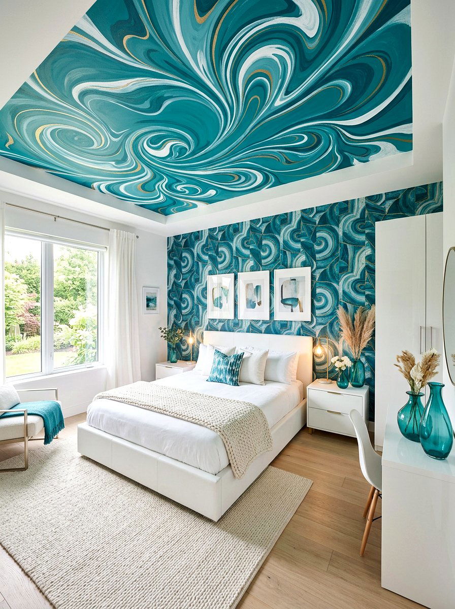 Teal Abstract Swirl - 30 ceiling wallpaper bedroom ideas