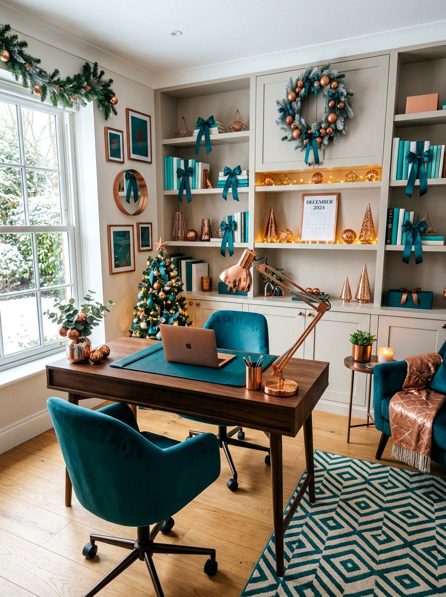 Teal And Copper Home Office - 30 jewel tone holiday decor ideas