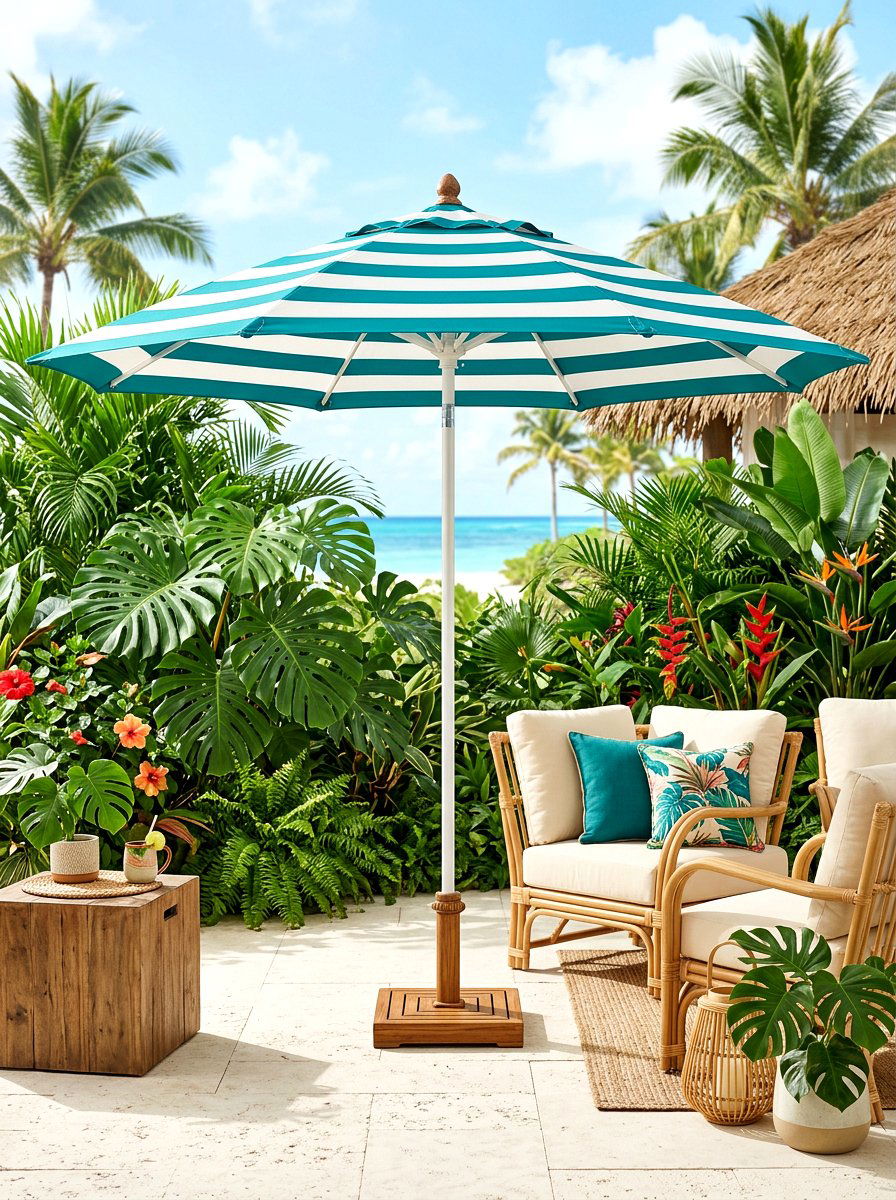 Teal And White Striped Outdoor Umbrella - 30 poolside striped umbrellas ideas