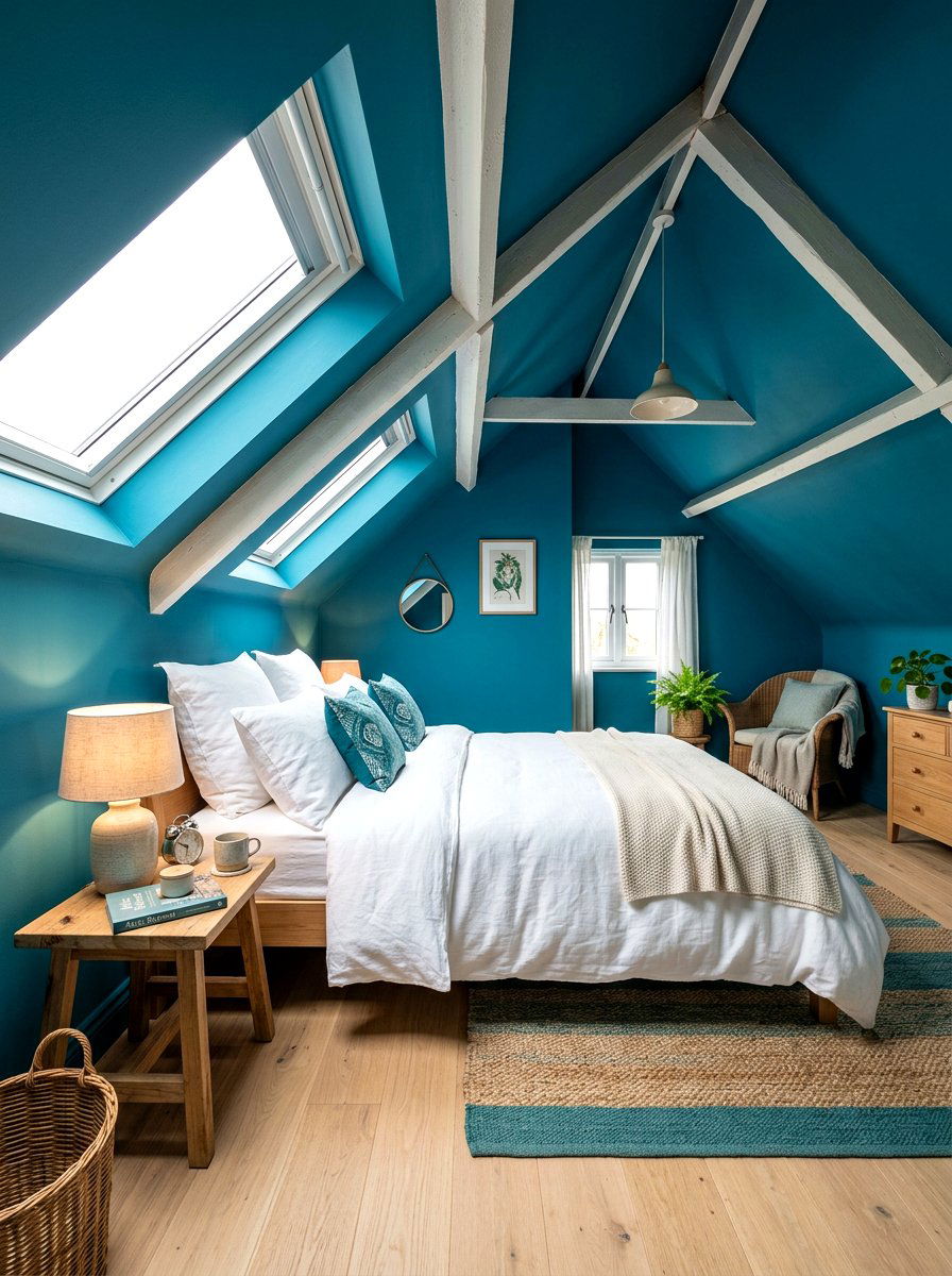 Teal Blue Attic Bedroom - 30 color drenched small room ideas