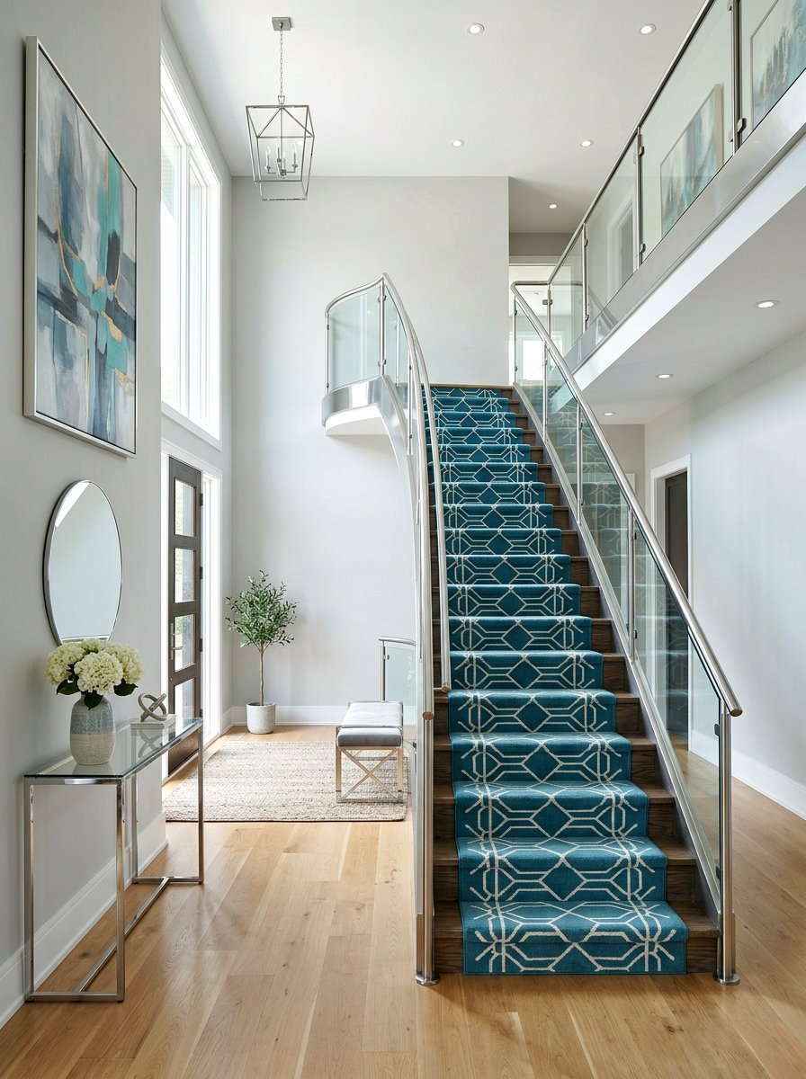 Teal Blue Geometric Stair Runner - 30 dramatic stair runner ideas