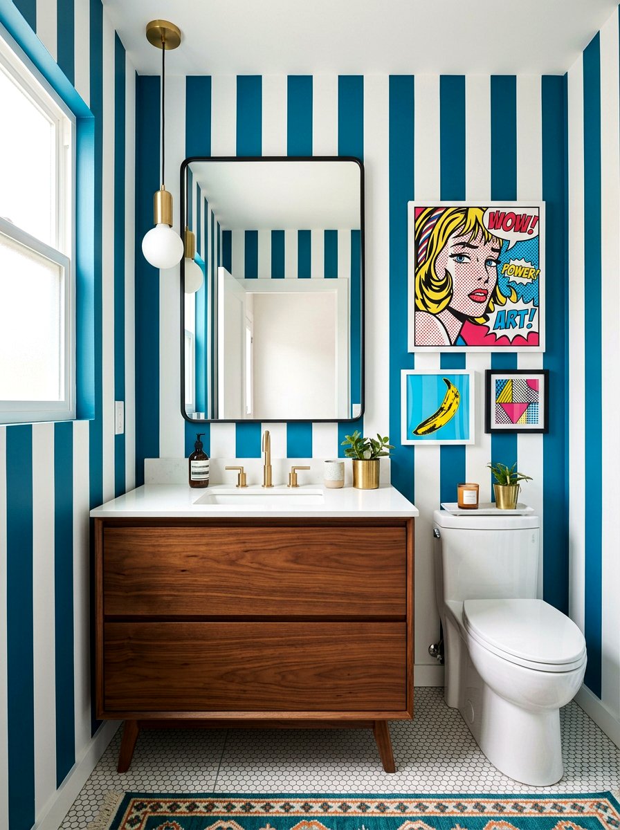 Teal Blue Modern Stripe Bathroom - 30 stripe powder bath ideas