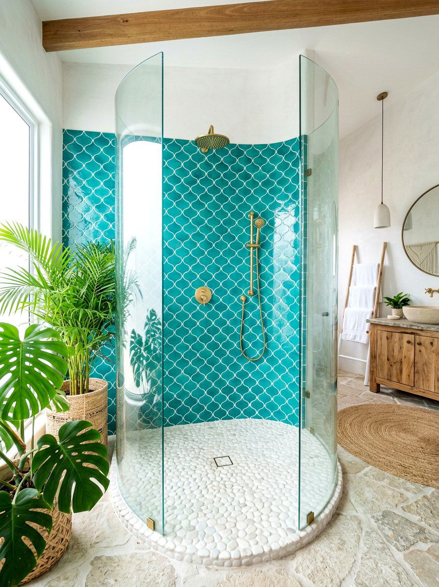 Teal Fish Scale Shower Tile - 30 colorful bathroom tile ideas