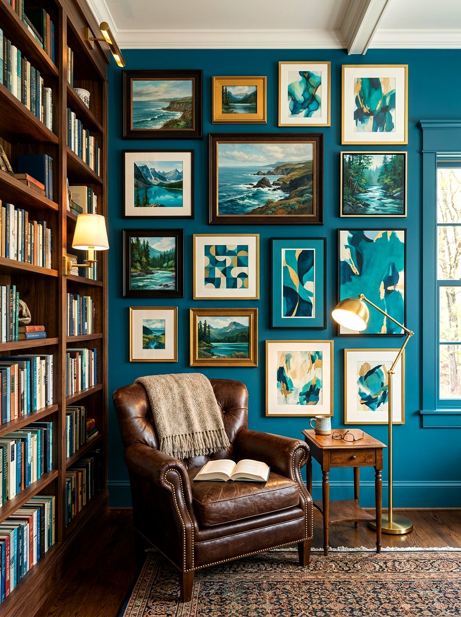 Teal Gallery Wall - 30 bold colorful gallery wall ideas