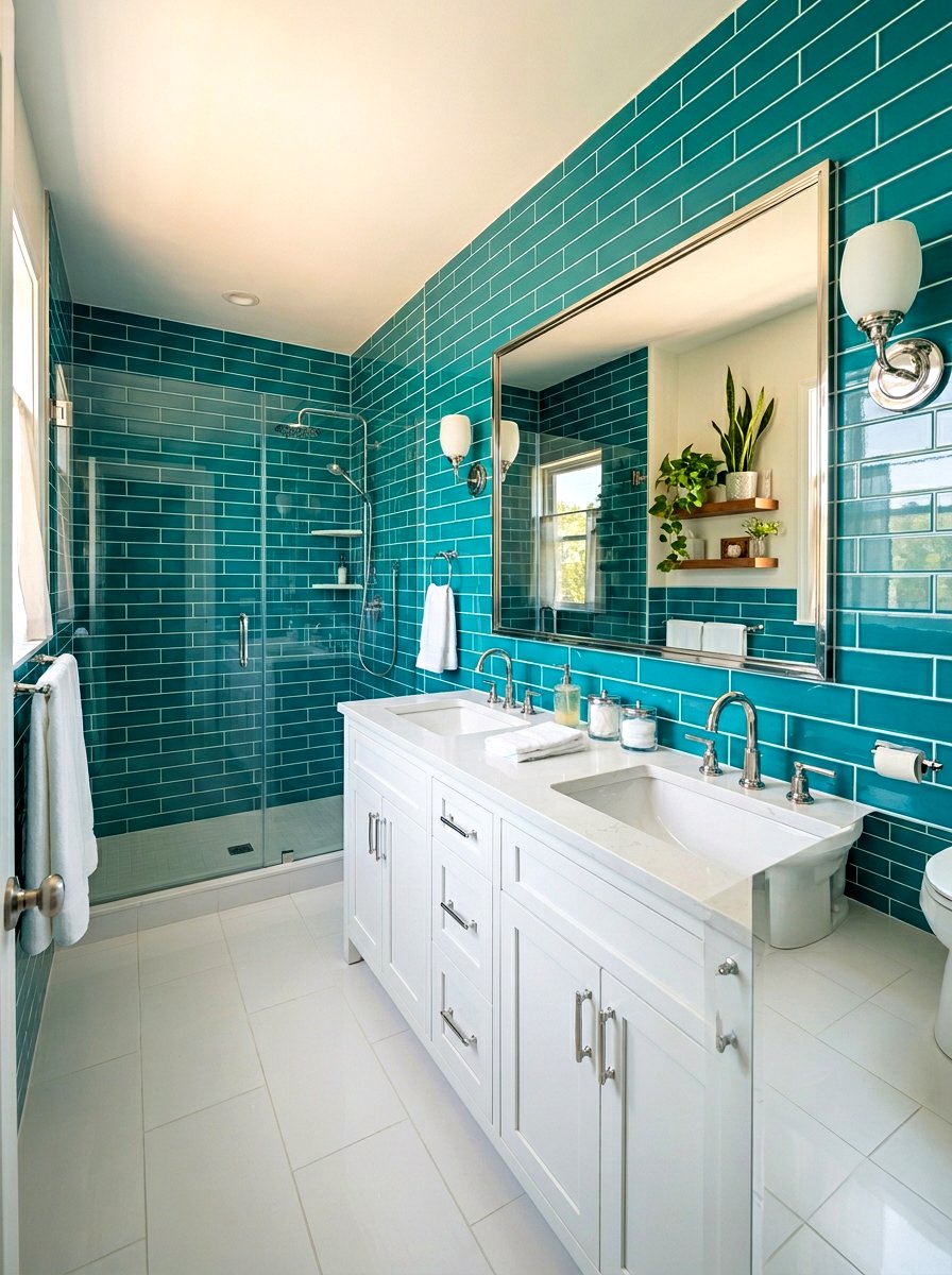 Teal Glossy Tile White Grout - 30 light grout bathroom ideas