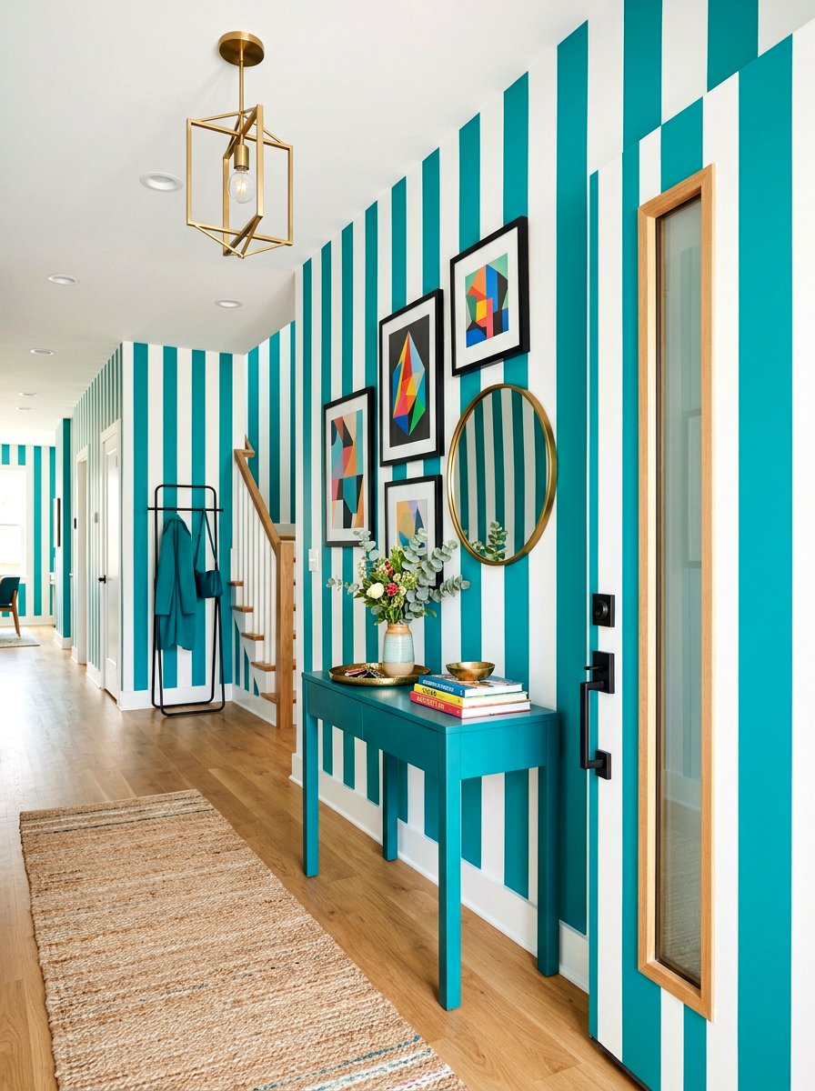 Teal Modern Stripe Entryway - 30 stripe drench room ideas