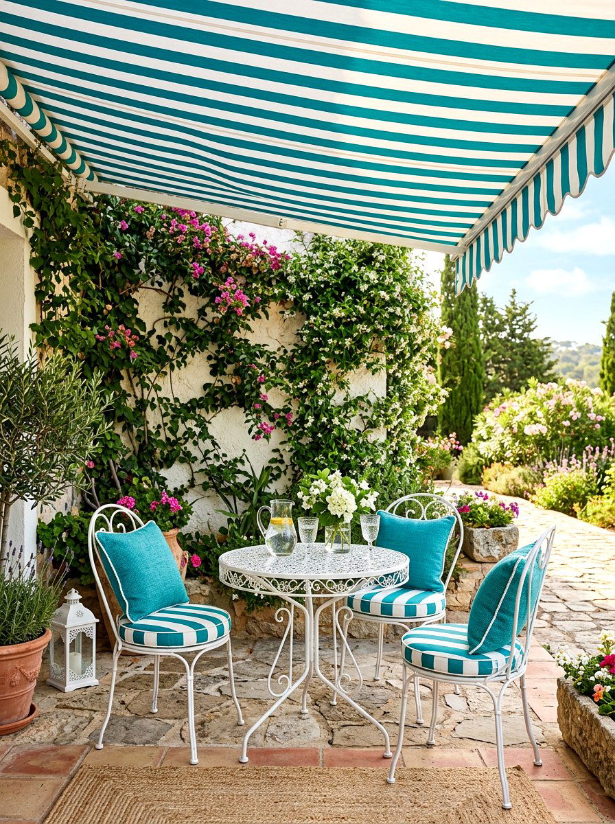 Teal Stripe Patio Awning - 30 cabana stripe patio ideas