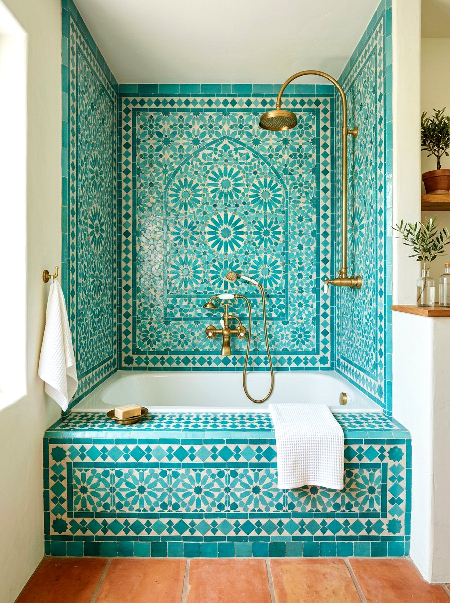 Teal Tiled Tub Surround - 30 soaking tub ideas