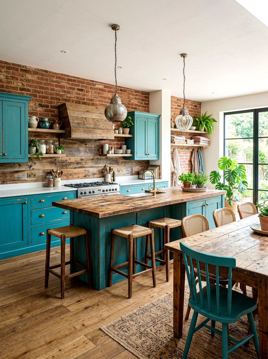 Teal and Distressed Wood Kitchen - 30 stained and painted kitchen ideas
