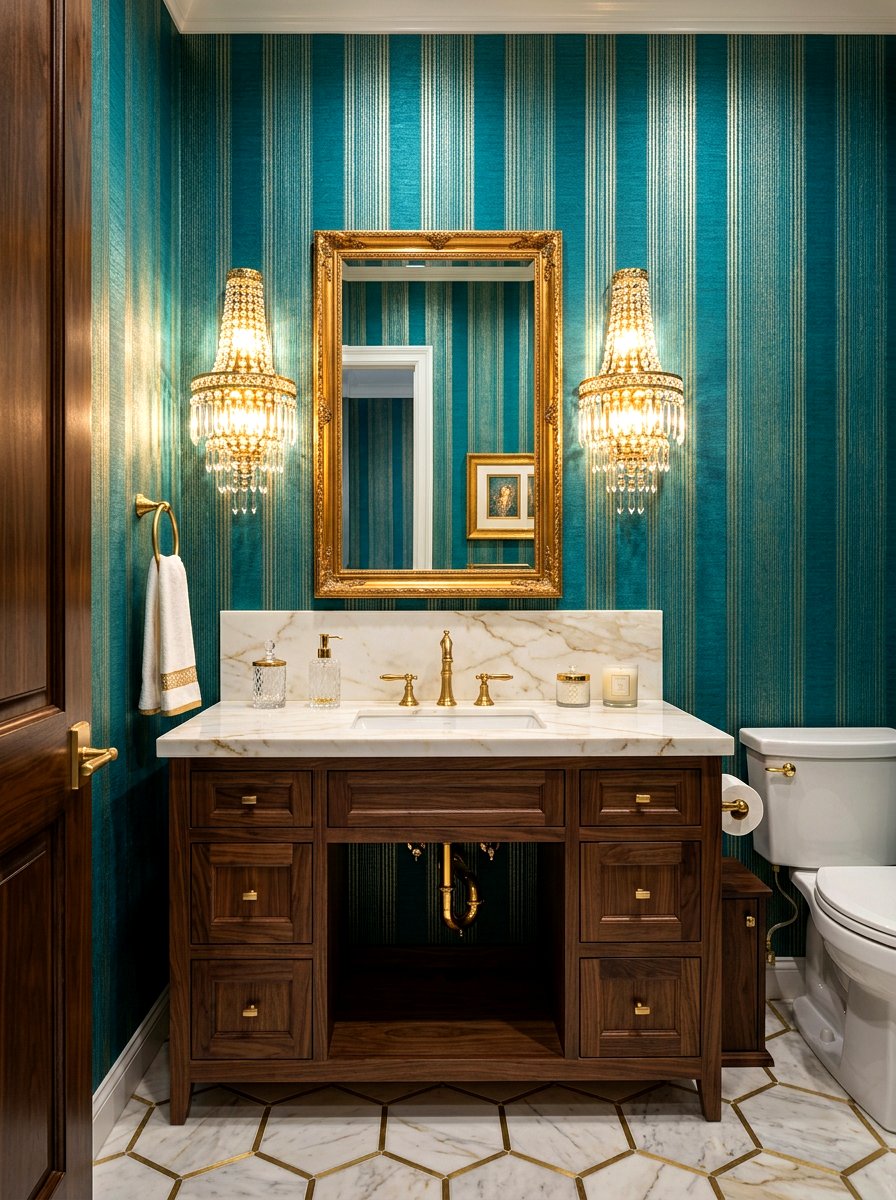 Teal and gold striped accents - 30 striped powder room ideas