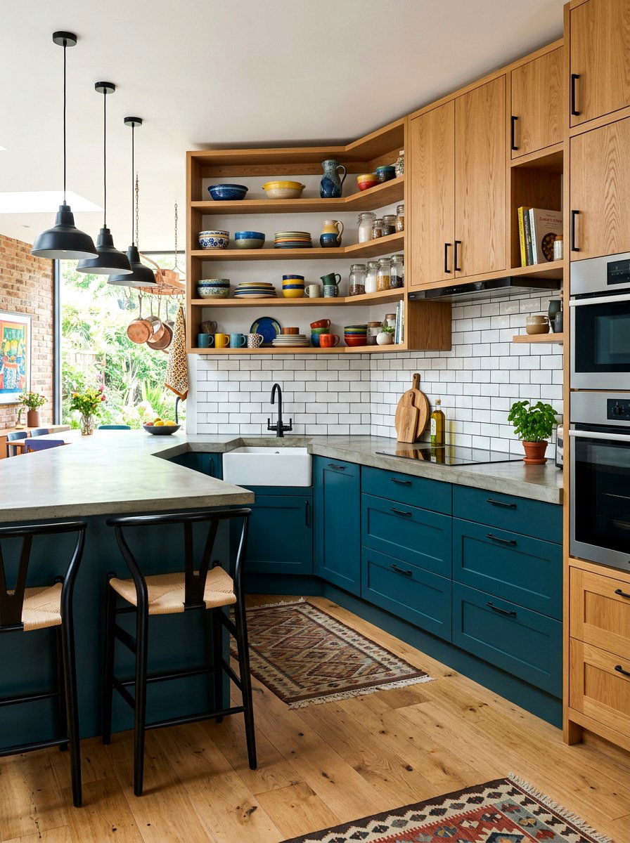 Teal and natural oak kitchen cabinets - 30 kitchen paint cabinet combo ideas