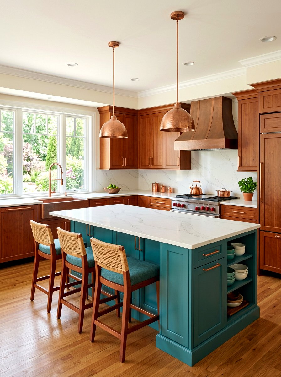 Teal and warm wood kitchen - 30 green and wood kitchen ideas