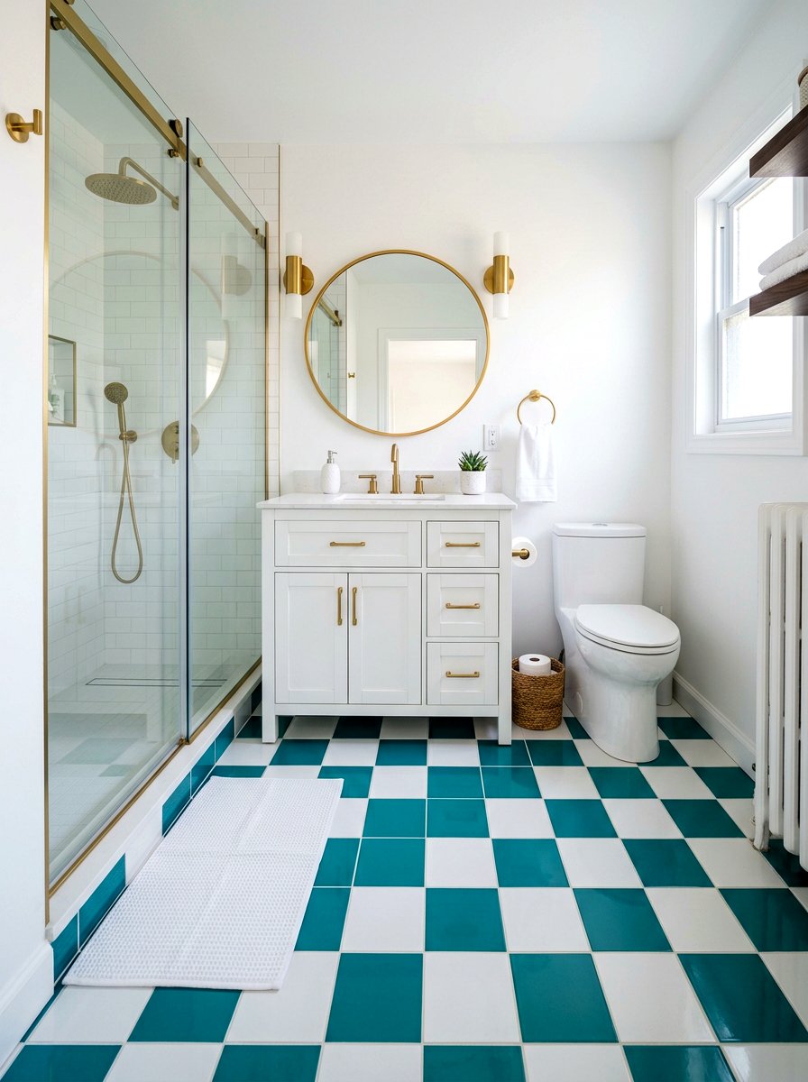 Teal and white checkerboard bathroom - 30 peel and stick checkerboard floor ideas