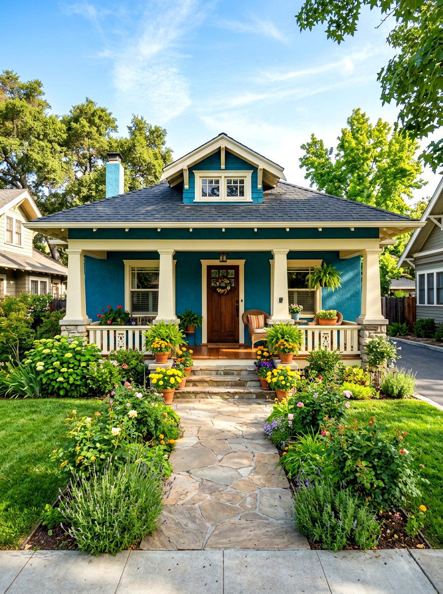 Teal blue bungalow porch - 30 blue house exterior ideas