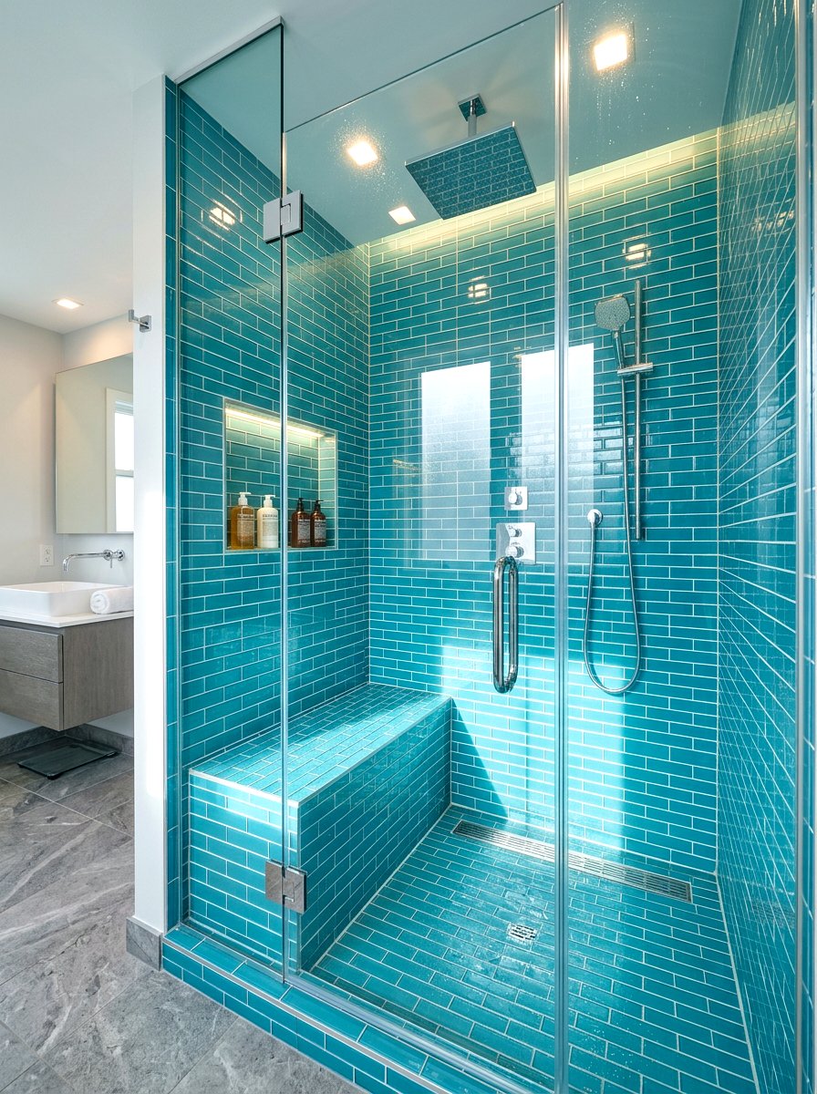 Teal blue glass tile - 30 niche tile contrast ideas