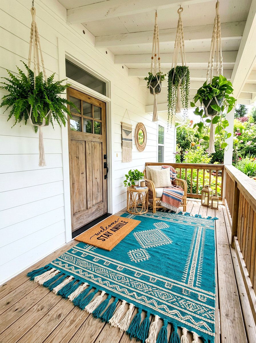 Teal bohemian fringe rug - 30 porch doormat layering ideas