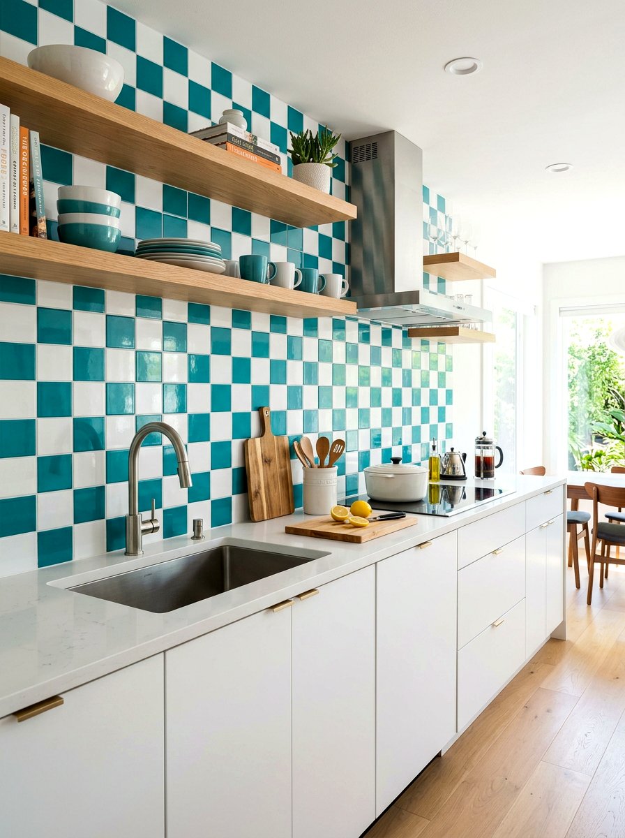 Teal checkerboard backsplash - 30 bright checkerboard decor ideas